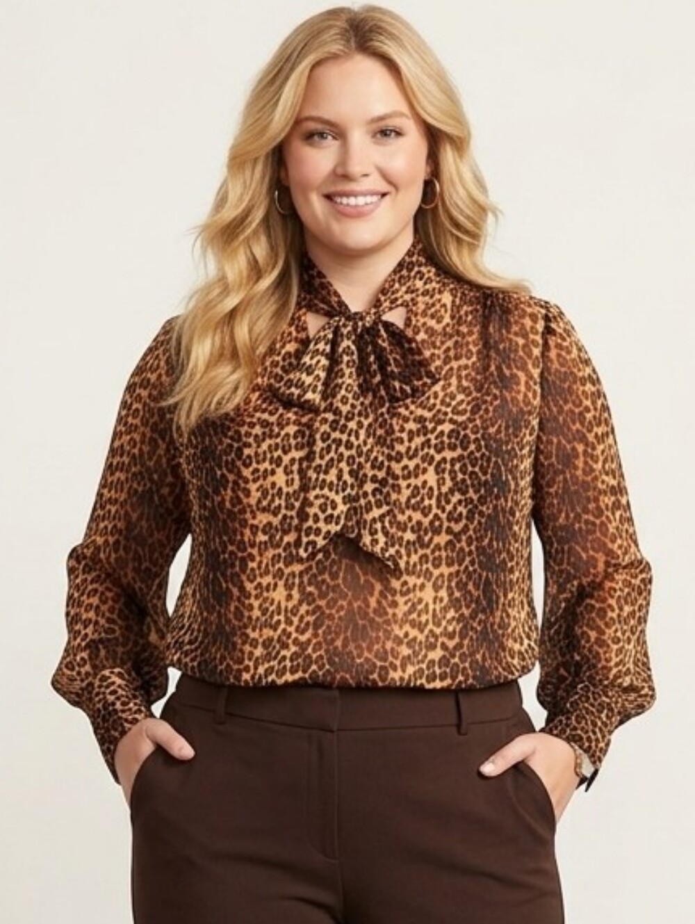 NWT 11 Honore Chiffon Leopard Print Sheer Tie Blouse Plus